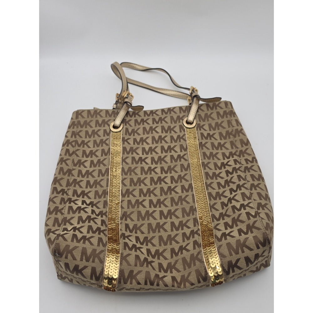 Michael Kors Beige Monogram Canvas Tote Bag Brown Leather Trim Gold Hardware